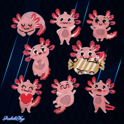 A collage of all eight variations of axolotl. From left to right, top to bottom: Sleepy, Wave 2, Arms Up, Curious, Nom, Heart, Jumping for Joy, Wave 1
