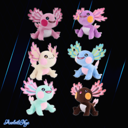 All six axolotl plushies. From top to bottom, left to right: pink, purple, beige, blue, cyan, and brown