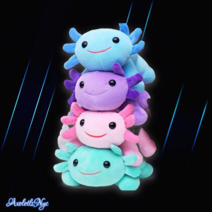 The four colors of the axolotl plushies, stacked on top of each other. From top to bottom: blue, purple, pink, and green