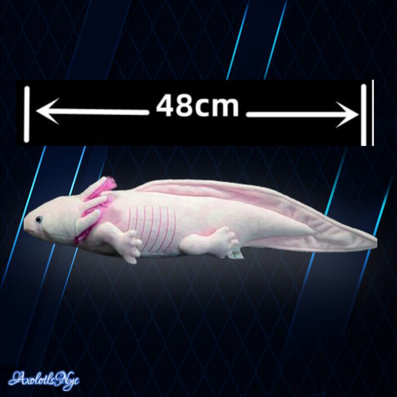 A side shot of the pink axolotl plush, with a ruler indicating it is 48 centimeters long from nose to tail.